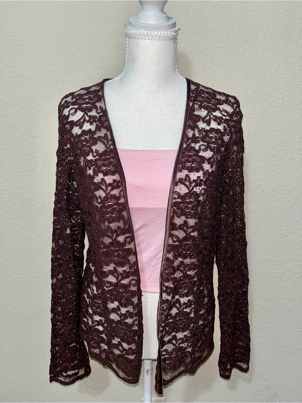 Sandra Darren Open Brown Lace and Sequin  Jacket